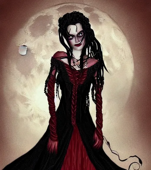 Prompt: a beautiful digital painting of a daughter of the night with red eyes and long, black, braided hair. vampiric, full moon, highly detailed, sharpness. victorian dress.