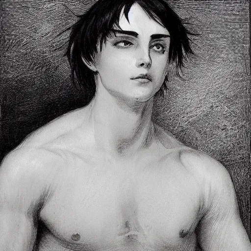 Prompt: a portrait of EREN YEAGER in the style of The Fallen Angel (1847) painting by Alexandre Cabanel