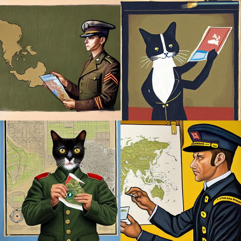 Prompt: painting of a cat in military uniform pointing at a map in a briefing