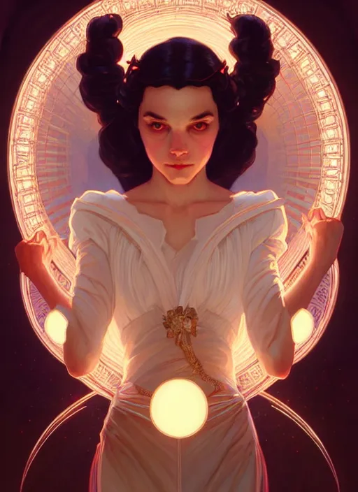 Image similar to symmetry!! portrait of snow white, glowing lights!! intricate, elegant, highly detailed, digital painting, artstation, concept art, smooth, sharp focus, illustration, art by artgerm and greg rutkowski and alphonse mucha