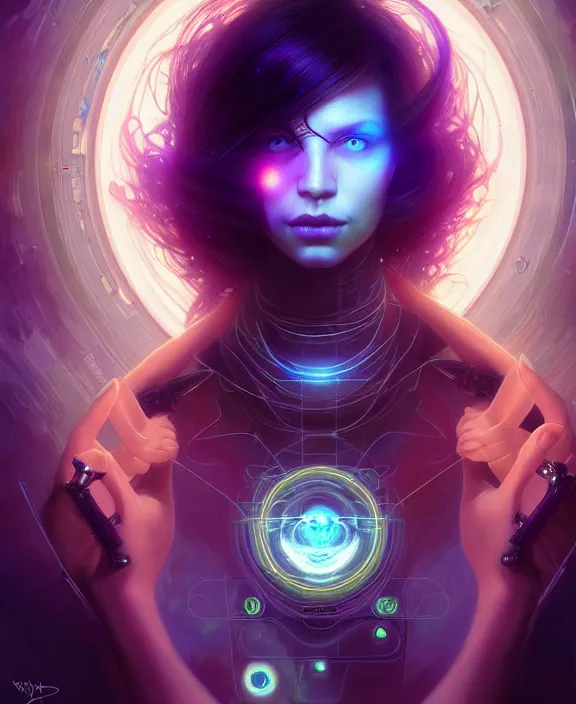 Image similar to a whirlwind of souls rushing inside the metaverse, hologram, half body, neurochip, shaved temple, piercing, jewelry, android, cyborg, cyberpunk face, by loish, d & d, fantasy, intricate, elegant, highly detailed, colorful, digital painting, artstation, concept art, art by artgerm and greg rutkowski and alphonse mucha