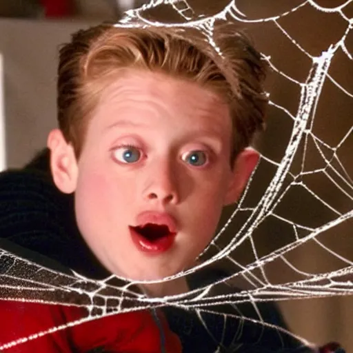 Image similar to kevin from movie home alone sitting in a basement and all body covered by spider webs