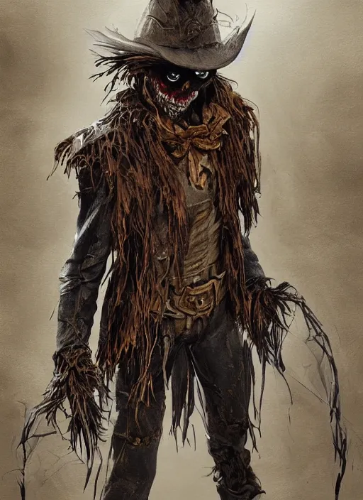 Prompt: powerful male scarecrow, willem dafoe as scarecrow, full body character concept, covered in full leather armor, art nouveau, super powers, fantasy, intricate, elegant, highly detailed, digital painting, artstation, concept art, shining, sharp focus, terrifying, horror, fear, scary, illustration, art by stanley lau