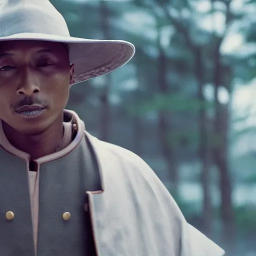 Image similar to cinematic film still Pharrell Williams starring as a Samurai holding fire, Japanese CGI, VFX, 2003, 40mm lens, shallow depth of field,film photography