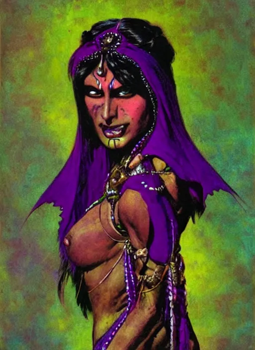 Image similar to portrait of muscular indian vampiress, jeweled veil, purple and green, strong line, saturated color, beautiful! coherent! by frank frazetta, high contrast, minimalism