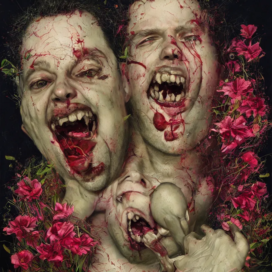 Image similar to male portrait of todd solondz eating babies and puking blood, surrounded by flowers by francis bacon, karol bak, james jean, tom bagshaw, rococo, trending on artstation, cinematic lighting, hyper realism, dramatic, emotional, octane render, 8 k, hyper detailed.