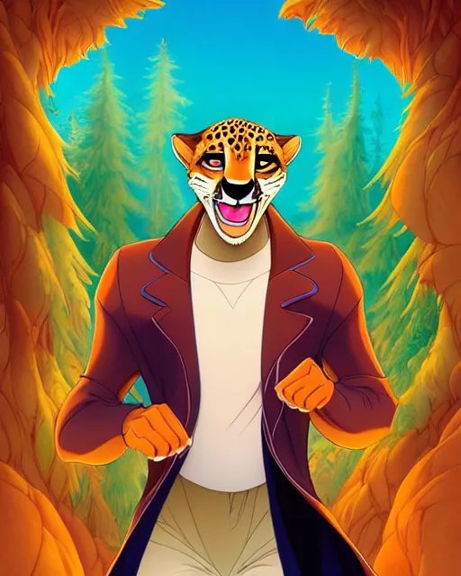 Image similar to don bluth, loish, artgerm, joshua middleton, anthropomorphic cheetah, wearing a track suit, smiling, symmetrical eyes symmetrical face, colorful animation forest background