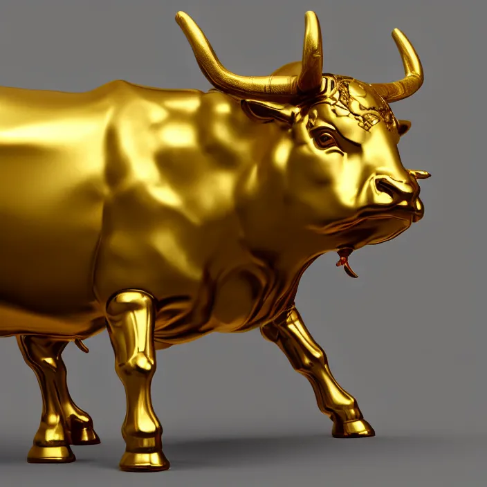 Prompt: close 3 d model of golden bull, octane rendered, unreal engine 5, extremely detailed, anatomically correct, rtx reflections