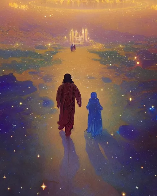 Image similar to bedouin man and woman and child in galaxy walking towards mosque surrounded by nebula, highly detailed, gold filigree, romantic storybook fantasy, soft cinematic lighting, award, disney concept art watercolor illustration by mandy jurgens and alphonse mucha and alena aenami, pastel color palette, featured on artstation