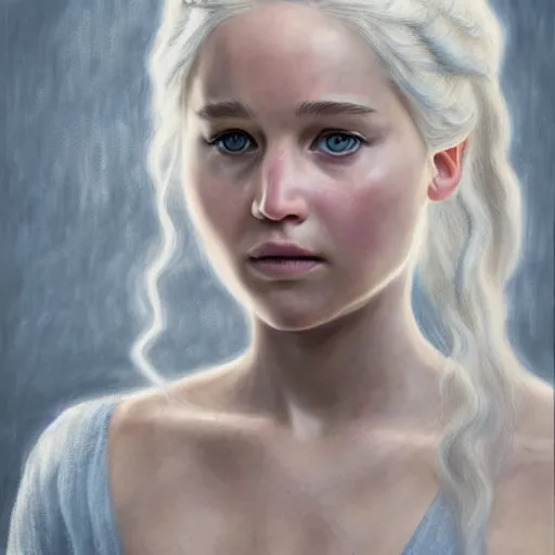 Image similar to portrait of the daughter of daenerys targaryen and jennifer lawrence as a young woman, hyperdetailed, hyperrealism.
