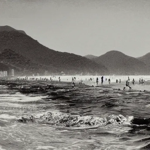 Image similar to mega turtle invading rio de janeiro in 1895, black and white historical picture, good quality, during daytime, at the beach, panic