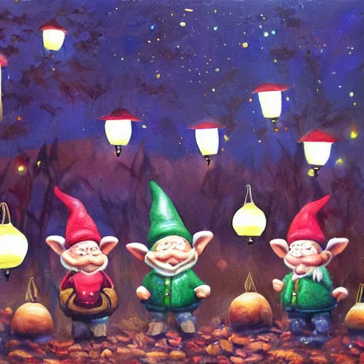 Prompt: painting of group of funny gnomes woth lanterns, forest of mushrooms, nighttime, oil painting
