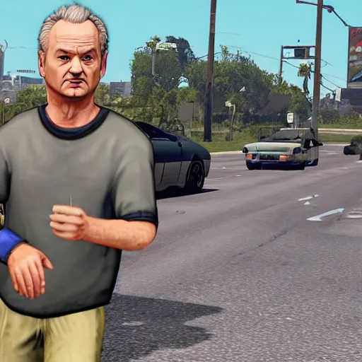 Prompt: bill murray in gta, running from cops, game screenshot