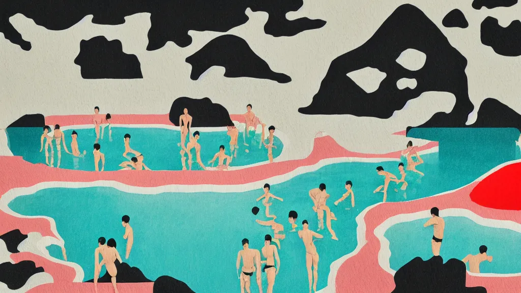 Image similar to japan natural hot spring, a collage painting, in the style of wes anderson, lola dupre, david hockney, isolated on negative white space background dark monochrome neon spraypaint accents volumetric octane render