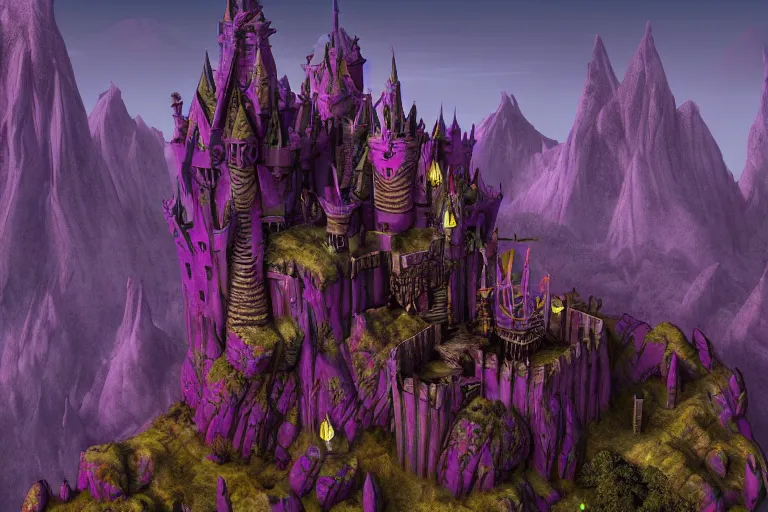 Image similar to big evil castle - purple city rock dark shadow elves under the mountain, might and magic heroes vii, dark fantasy, shadows, artstation trending, unreal engine 5, red