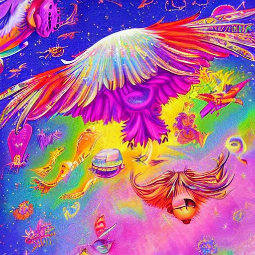 Image similar to lisa frank flying pigs painting by android jones