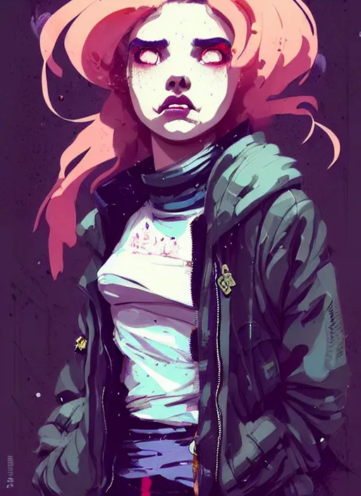 Image similar to highly detailed portrait of a sewer punk lady, tartan hoody, blonde ringlet hair by atey ghailan, by greg rutkowski, by greg tocchini, by james gilleard, by joe fenton, by kaethe butcher, gradient magenta, black, blonde cream and white color scheme, grunge aesthetic!!! ( ( graffiti tag wall background ) )