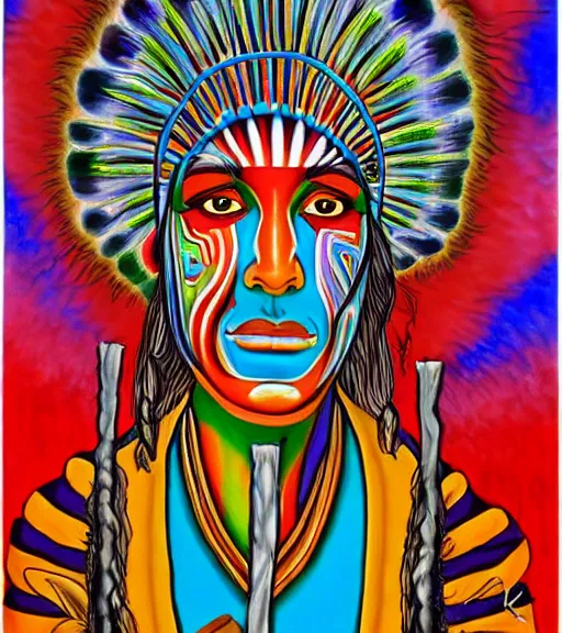 Image similar to Painting in a style of Alex Grey of a shaman dressed in a colorful traditional clothes. He is smoking a pipe