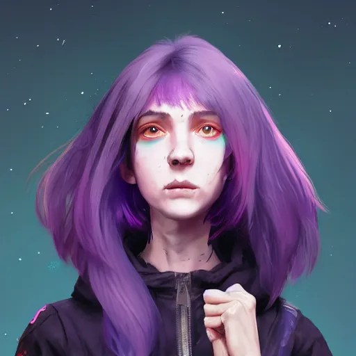 Image similar to a pale skinny young girl with purple hair, the hime cut, 1 8, in a black hoodie, and a cat, apex legends character, digital illustration portrait design, by android jones and greg rutkowski, retrowave color scheme, detailed, cinematic lighting, wide angle action dynamic portrait