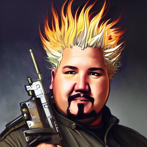 Image similar to portrait of guy fieri in tactical gear firing rifles, ethereal, handsome, d & d, fantasy, intricate, elegant, highly detailed, digital painting, artstation, concept art, matte, sharp focus, illustration, art by artgerm and greg rutkowski and alphonse mucha