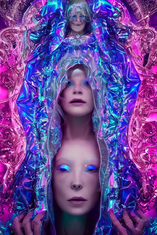 Prompt: hyper detailed ultra sharp photo of baroque and bladerunner neon crystalline sculpture of seductive muscular ghost maluma dotado albino pink iridescent humanoid deity wearing blue holographic hooded cloak with nothing underneath holding an glass skull in a onyx dungeon, reclining, glowing magenta face, crown of white diamonds, cinematic lighting, photorealistic, octane render 8 k depth of field 3 d