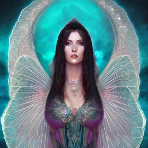 Prompt: a beautiful symmetrical plus size woman full body wearing algerian kaftan with translucent wings by alex gray and android jones , Karol Bak, Ayami Kojima, Amano , concept art, character design, fantasy,3D, 8k resolution