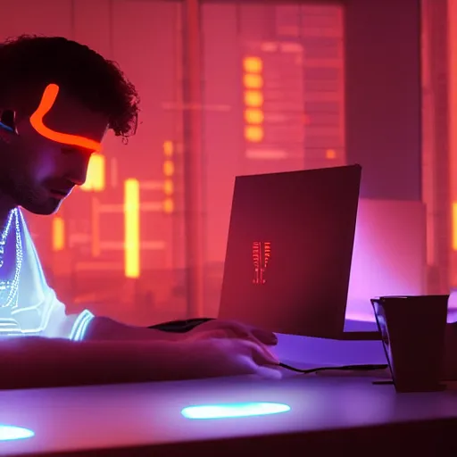 Image similar to a man sitting in front of a computer screen, glow on face, connected with wires to computer, https://i.ibb.co/Wz2Fw91/sebastian-szmyd-vhs-cyberpunk-2.jpg