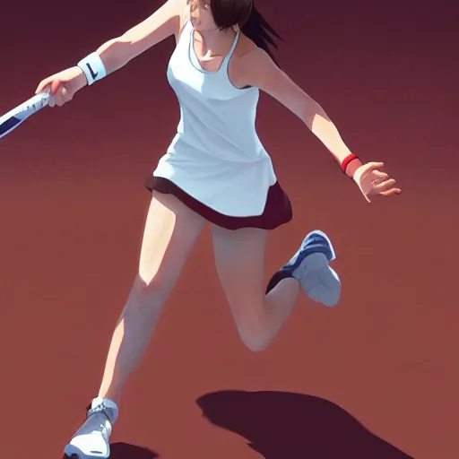 Image similar to anime style, female tennis player, red sport clothing, match point, brown short hair, hair down, symmetrical facial features, from arknights, hyper realistic, rule of thirds, extreme detail, 4 k drawing, safebooru, realistic lighting, by alphonse mucha, greg rutkowski, sharp focus, backlit
