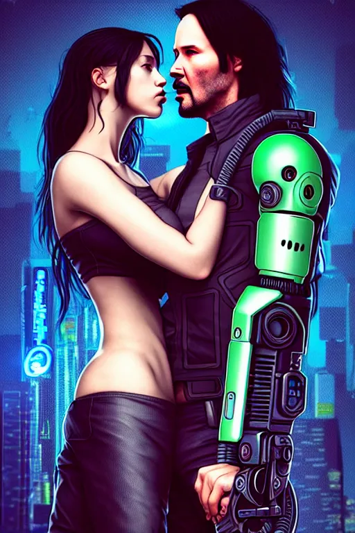 Image similar to a cyberpunk 2077 couple portrait of Keanu Reeves & female android final kiss in the night city,love,art by John Collier and Albert Aublet and Krenz Cushart and Artem Demura and Alphonse Mucha,John Wick,Replicas,artstation,deviantart,FAN ART,Digital painting,face enhance,highly detailed,8K,octane,golden ratio,cinematic lighting