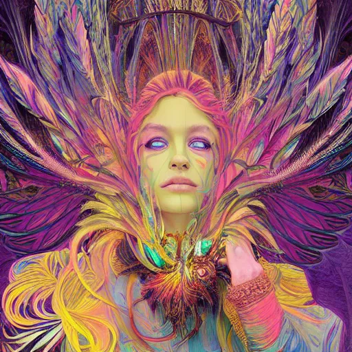 Image similar to A reality bending psychedelic ayahuasca experience, colorful, distorted, surreal, tropical bird feathers, dramatic lighting on the face, intricate, elegant, highly detailed, digital painting, concept art, smooth, sharp focus, illustration, art by Krenz Cushart and Wayne Barlowe and alphonse mucha