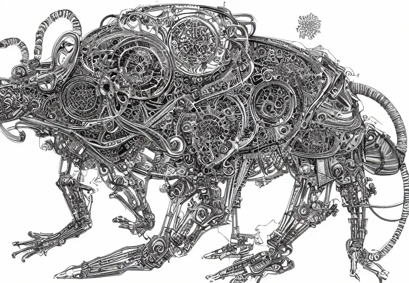 Image similar to schematic blueprint of highly detailed ornate filigreed convoluted ornamented elaborate cybernetic rat, full body, character design, middle of the page, art by da vinci