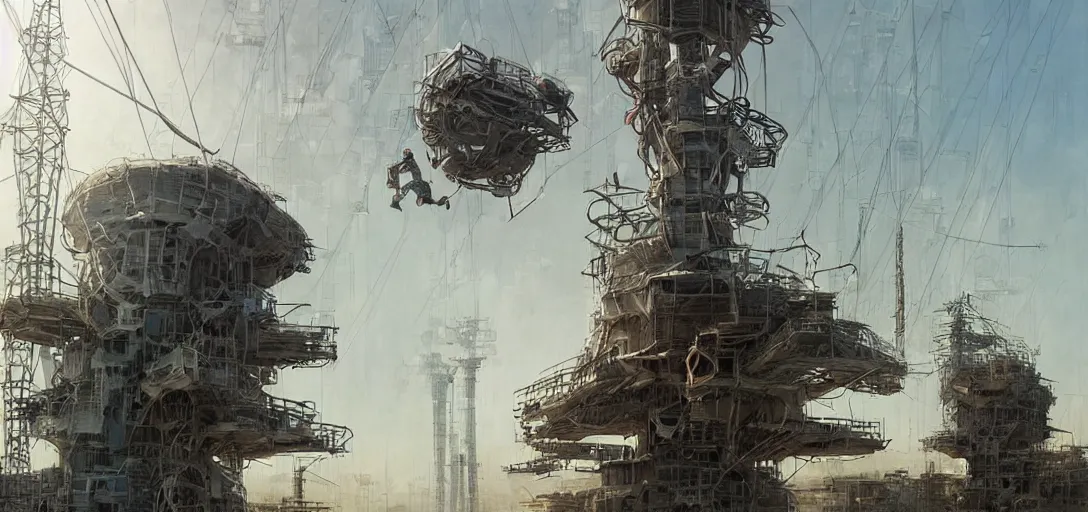 Image similar to Wireless Internet technician looking up from the base of a giant telecommunications tower, getting ready to climb and replace radio. Post apocalypitic landscape, dystopia. james gurney, james jean, greg rutkowski, anato finnstark. hyper detailed, 35mm, hazy atmospheric lighting volumetric