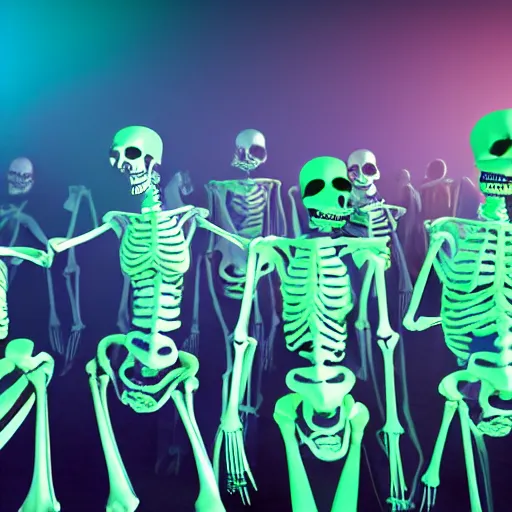 Image similar to photo, a giant crowd of realistic anatomically correct claymation skeletons dancing sensually and cool inside a colorful futuristic night club, colorful dramatic unique lighting