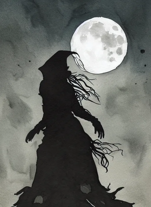 Image similar to portrait, silhouette of a witch in front of the full big moon, watercolor, dramatic lighting, cinematic, establishing shot, extremly high detail, foto realistic, cinematic lighting, pen and ink, intricate line drawings, by Yoshitaka Amano, Ruan Jia, Kentaro Miura, Artgerm, post processed, concept art, artstation, matte painting, style by eddie mendoza, raphael lacoste, alex ross