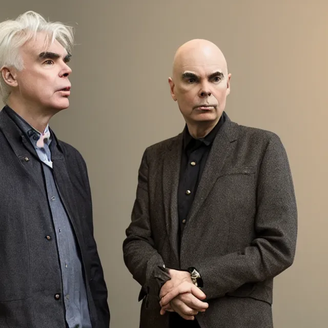 Image similar to david byrne and brian eno are looking for ideas in an art museum