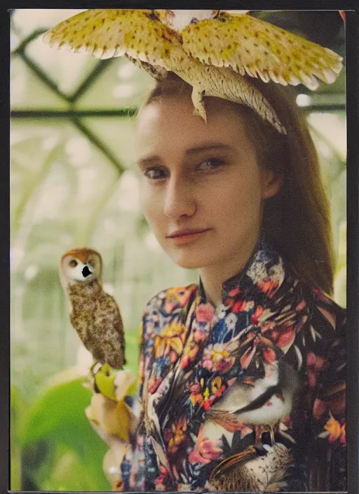 Image similar to grainy head to shoulder portrait Polaroid film photograph of an elegant top model wearing a yellow kimono with a very detailed barn owl on her shoulder!!! in a tropical greenhouse. looking at the camera!!. super resolution. Extremely detailed. Polaroid 600 film. art by Rineke Dijkstra.