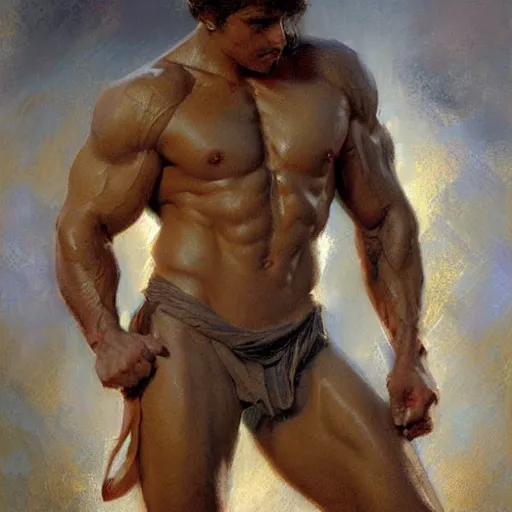 Image similar to Young greek god, muscular, detailed face, thighs, painting by Gaston Bussiere, Craig Mullins