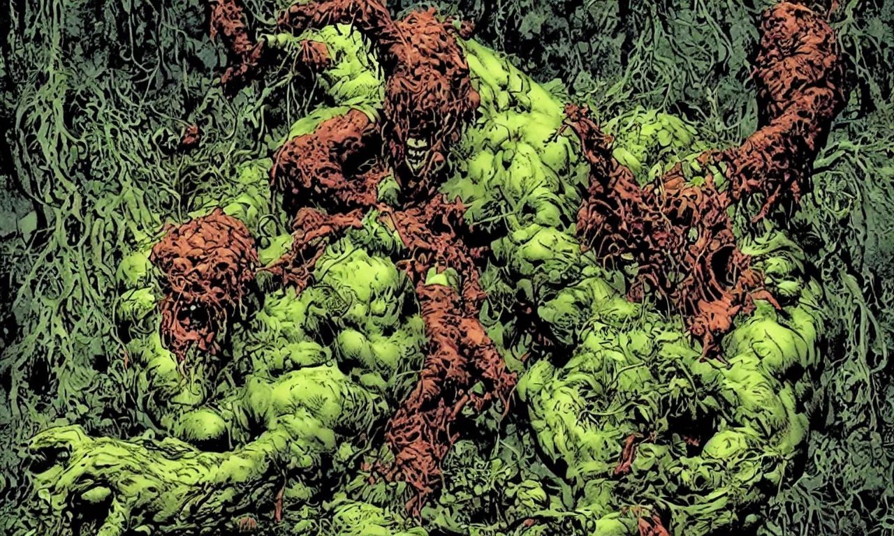 Prompt: swamp thing in a dynamic action pose, forward angle, dramatic night lighting, by bernie wrightston, mike mignola and bill sienkiewicz, monstrous faces blended in the background scenery, canopy of drippy trees