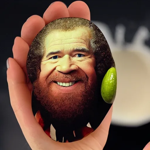 Image similar to bob ross as an embryo inside an avocado