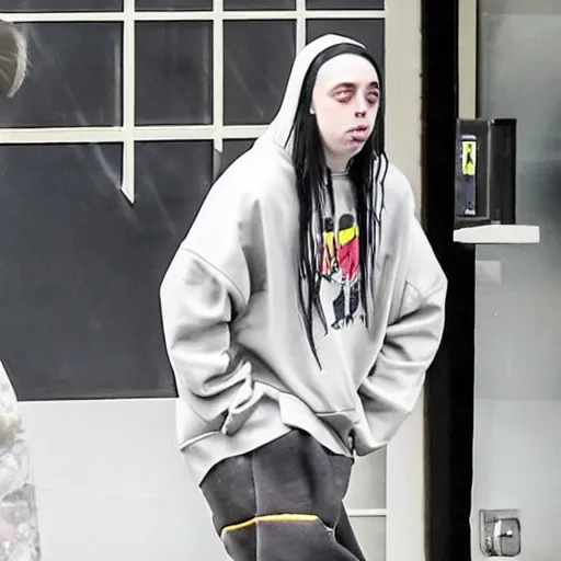 Prompt: photo of Billie Eilish getting kicked out of her record label building