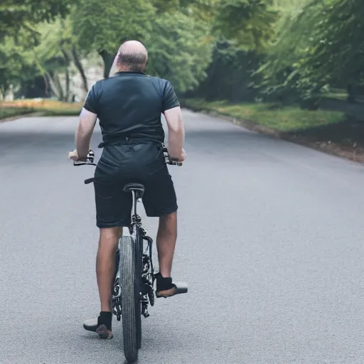 Image similar to man with receding hairline riding bike, detailed, photorealistic, 8 k, wide shot,