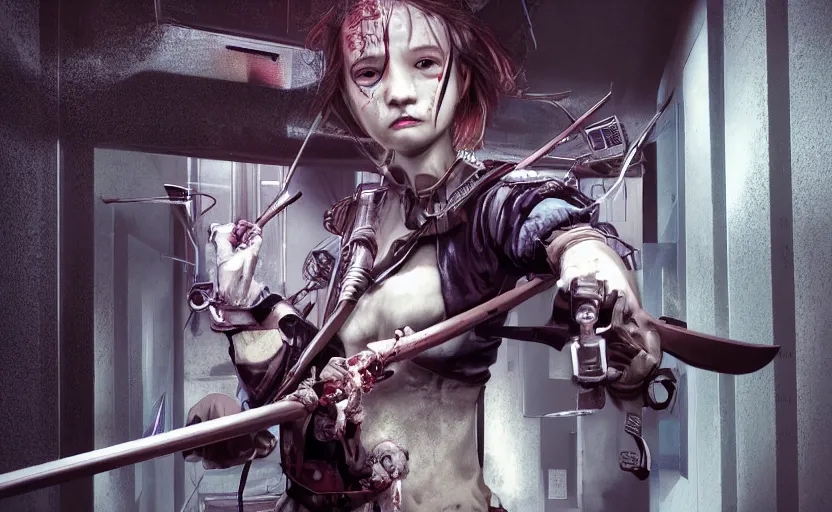 Image similar to School girl holding a katana and standing on an abandoned hospital room,horror sccene, hyperrealistic mixed media, stunning 3d render inspired art by P. Craig Russell and Barry Windsor-Smith + perfect facial symmetry + dim volumetric lighting, 8k octane beautifully detailed render, post-processing, extremely hyperdetailed, intricate futuristic mechanic parts, epic composition, grim yet sparkling atmosphere, cinematic lighting + masterpiece, trending on artstation