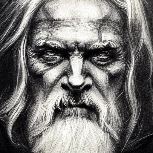 Image similar to Odin, charcoal portrait, artstation, fine-detailed