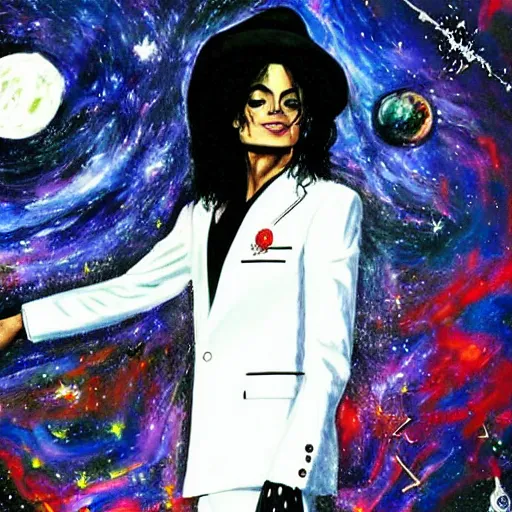 Prompt: digital painting of Michael Jackson in a cosmic scenery my Ralph Steadman, hyper detailed, white suit and hat