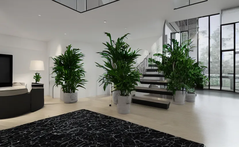 Image similar to empty room, a staircase, big widescren tv screen in the middle, indoor plants, open shiny floor, v - ray render, high contras