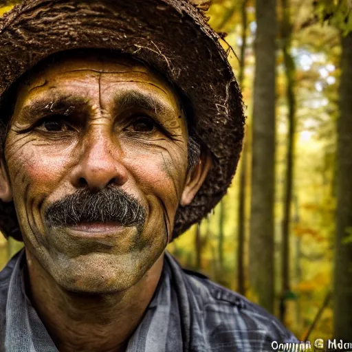 Prompt: closeup portrait of a cleaner with a huge rake in a fall forest, by Steve McCurry and David Lazar, natural light, detailed face, CANON Eos C300, ƒ1.8, 35mm, 8K, medium-format print