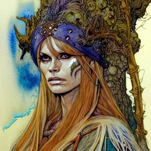 Image similar to a realistic and atmospheric watercolour fantasy character concept art portrait of brigitte bardot as a druidic warrior wizard looking at the camera with an intelligent gaze by rebecca guay, michael kaluta, charles vess and jean moebius giraud