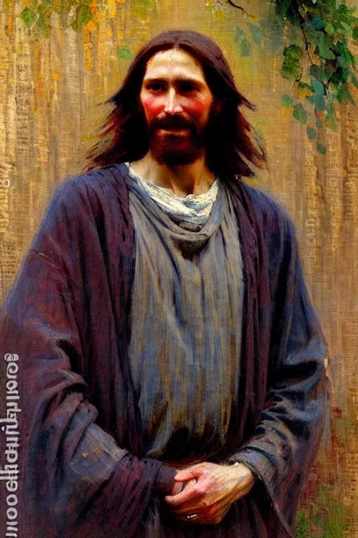 Image similar to impressionist brushstrokes!!!!!!!!! solomon joseph solomon and richard schmid and jeremy lipking victorian loose genre loose painting full length portrait painting of jesus with a slight smile happy inviting