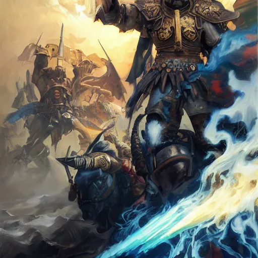 Image similar to greg manchess portrait of battle of horus lupercal and emperor of mankind, epic grimdark, fantasy, medium shot, asymmetrical, profile picture, organic painting, sunny day, matte painting, bold shapes, hard edges, street art, trending on artstation, by huang guangjian and gil elvgren and sachin teng