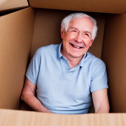 Prompt: an smiling old man hiding in a box